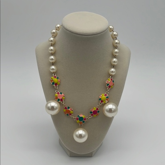 Elegant Gold Tone Multicolor Bright Floral & Pearl Necklace - 20” - Picture 1 of 7